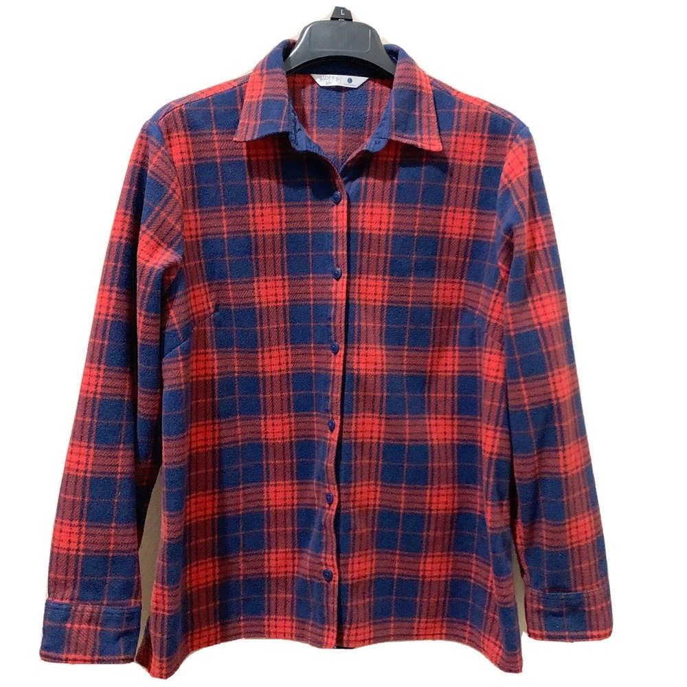 Riders by Lee Fleece Shirt Women Large Red Navy Plaid Button Down Excellent